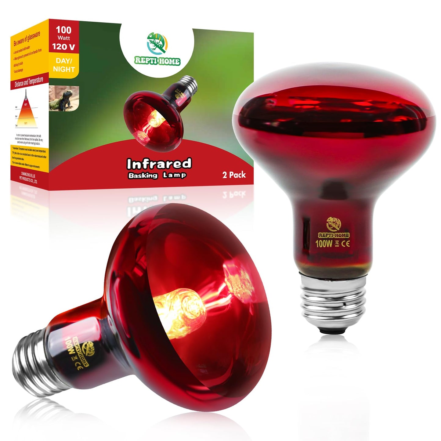 REPTI HOME Reptile Heat Lamp Bulbs,Infrared 100W Reptiles & Amphibians Basking Spot Lamp Bulb, 2 Packs Red Heat Emitter Light for Chickens Coop