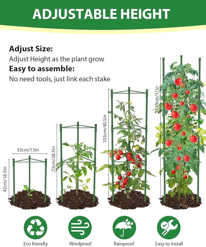 3 Pack Tomato Cages for Garden, 51 Inches Adjustable Tomatoes Plant Stakes Support Cages Trellis, Garden Trellis for Vegetable Flowers Fruits Climbing Plants- 20 Binding Wires Included