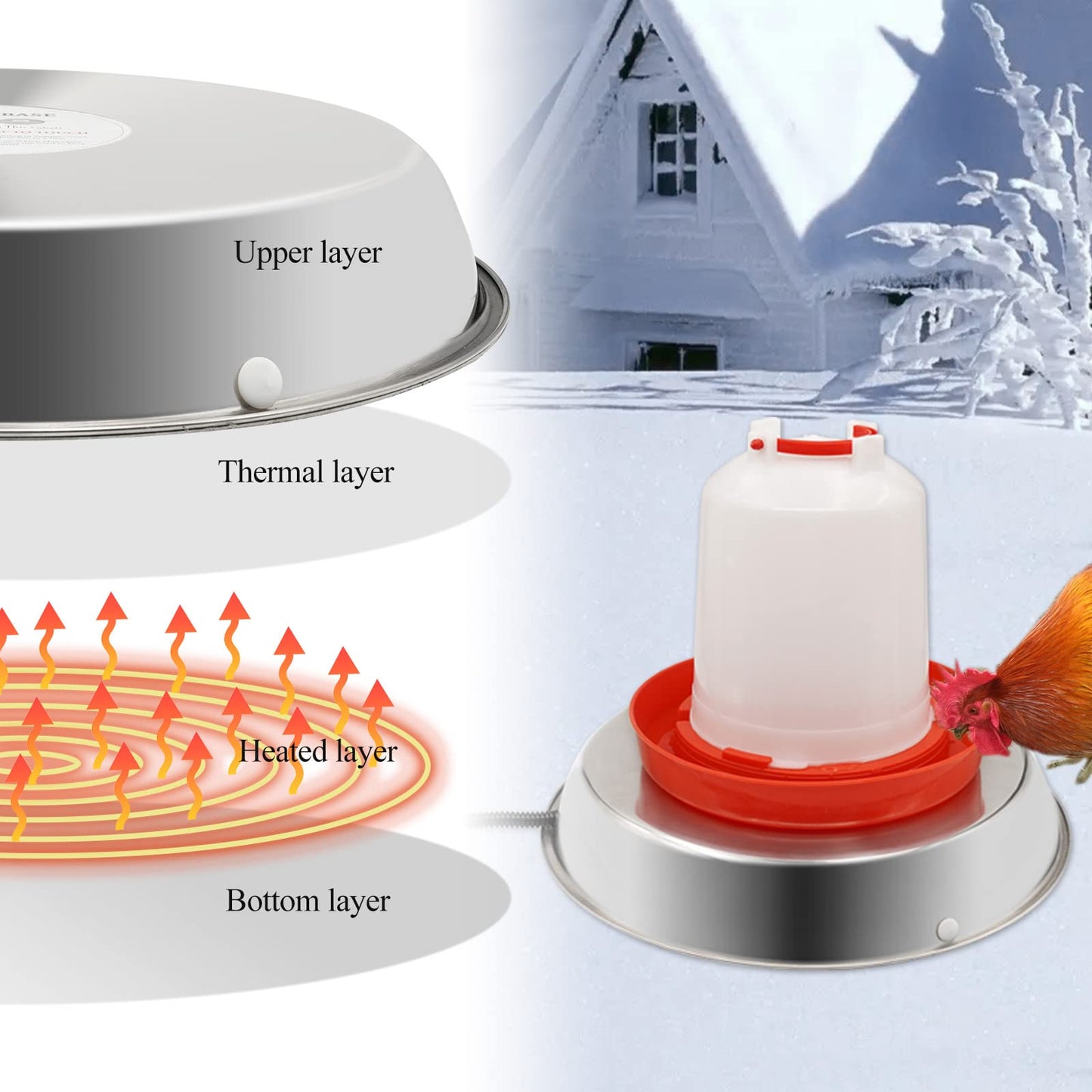 Chicken Waterer Heater,14 Inch Heated Chicken Waterer Base for Winter 5 Gallon with Anti-bite Cable for Poultry Fountains Water Bowl Plastic Metal Waterer