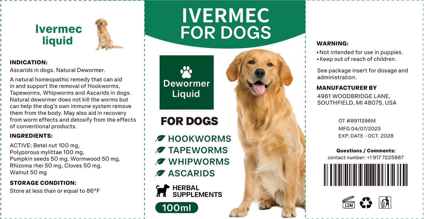 QIFEISHANKA lvermect Dewormer Liquid for Dogs, Broad Spectrum for All Wormer, Digestive Cleanser Treatment, Hookworms, Lung Worms, Pin Worms, Round Worms