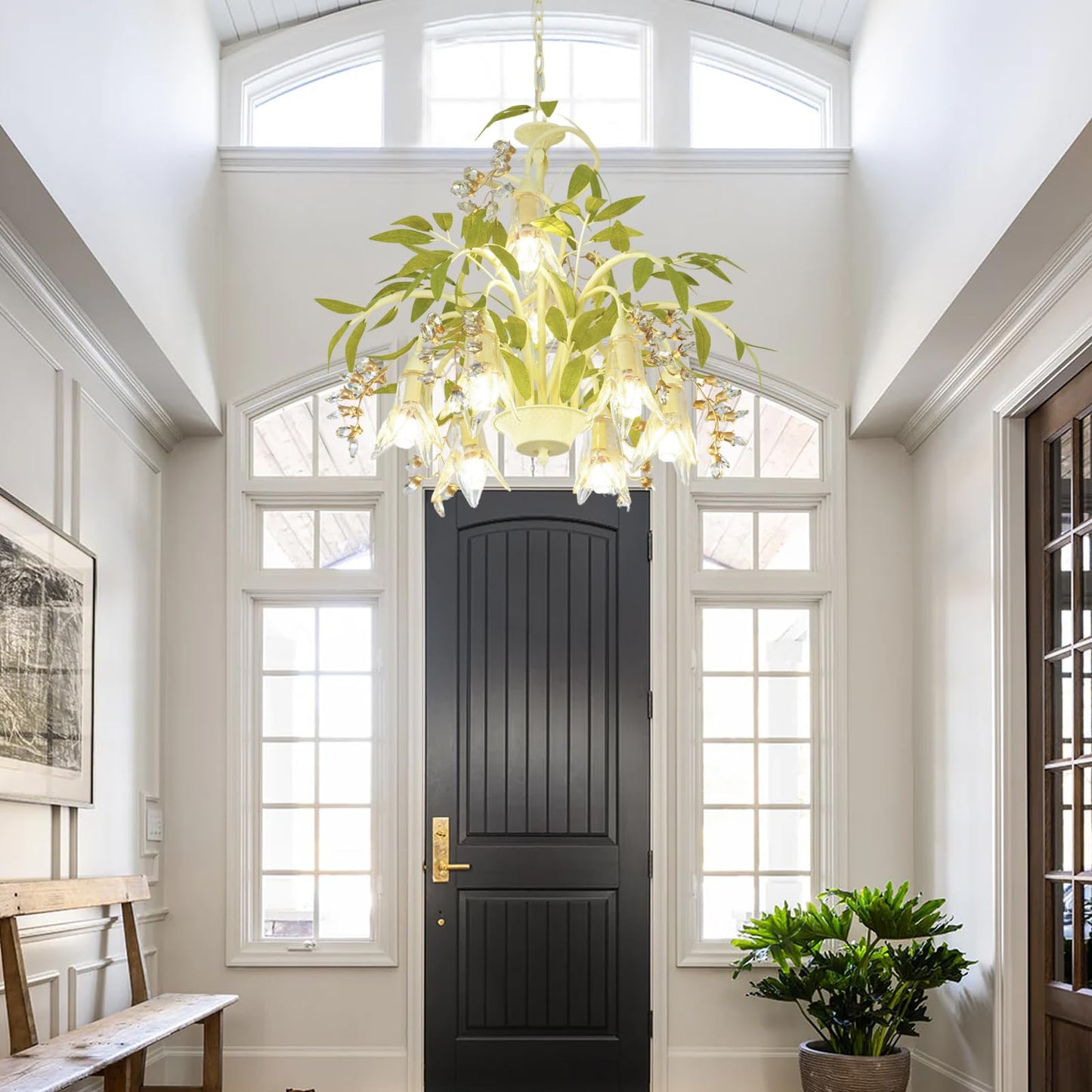 Crystal Chandeliers, Dining Room Pendant Light, Bedroom Floral Ceiling Light Fixtures, Tree Branch Rustic Outdoors Glass Pendant Lights, for Living Room, Farmhouse, Foyer, Kitchen, Entryway, E12 Base