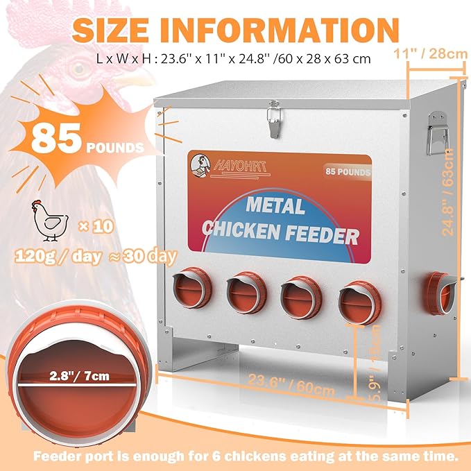 85 Pounds Automatic Chicken Feeder 6 Ports Large Gravity Fed Chicken Feeder with Latch & Handle for Chickens Bantams Pheasants Poultry Coop Weatherproof