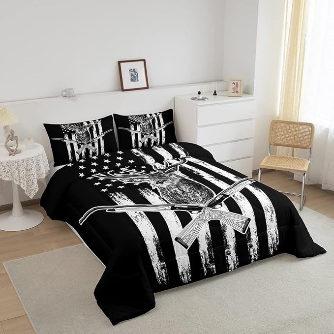 Erosebridal Deer Comforter Set American Flag Bedding Set King Size Hunting Theme Duvet Set Western Rustic Farmhouse Decor Quilts Wild Animal Elk Print Down Comforter USA Flag Comforter 3 Pcs