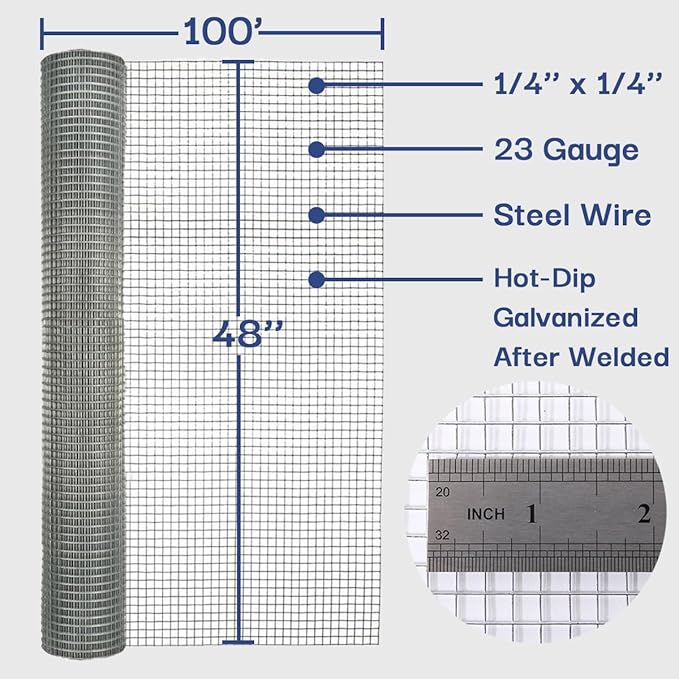 Hardware Cloth 1/4 in. x 4 ft. x 100 ft 23-Gauge, Chicken Wire Fencing, Chicken Wire Mesh Roll, Garden Fencing, Mesh Wire Fencing, Hardware Mesh, Rat Wire Mesh, Wire Fence Roll