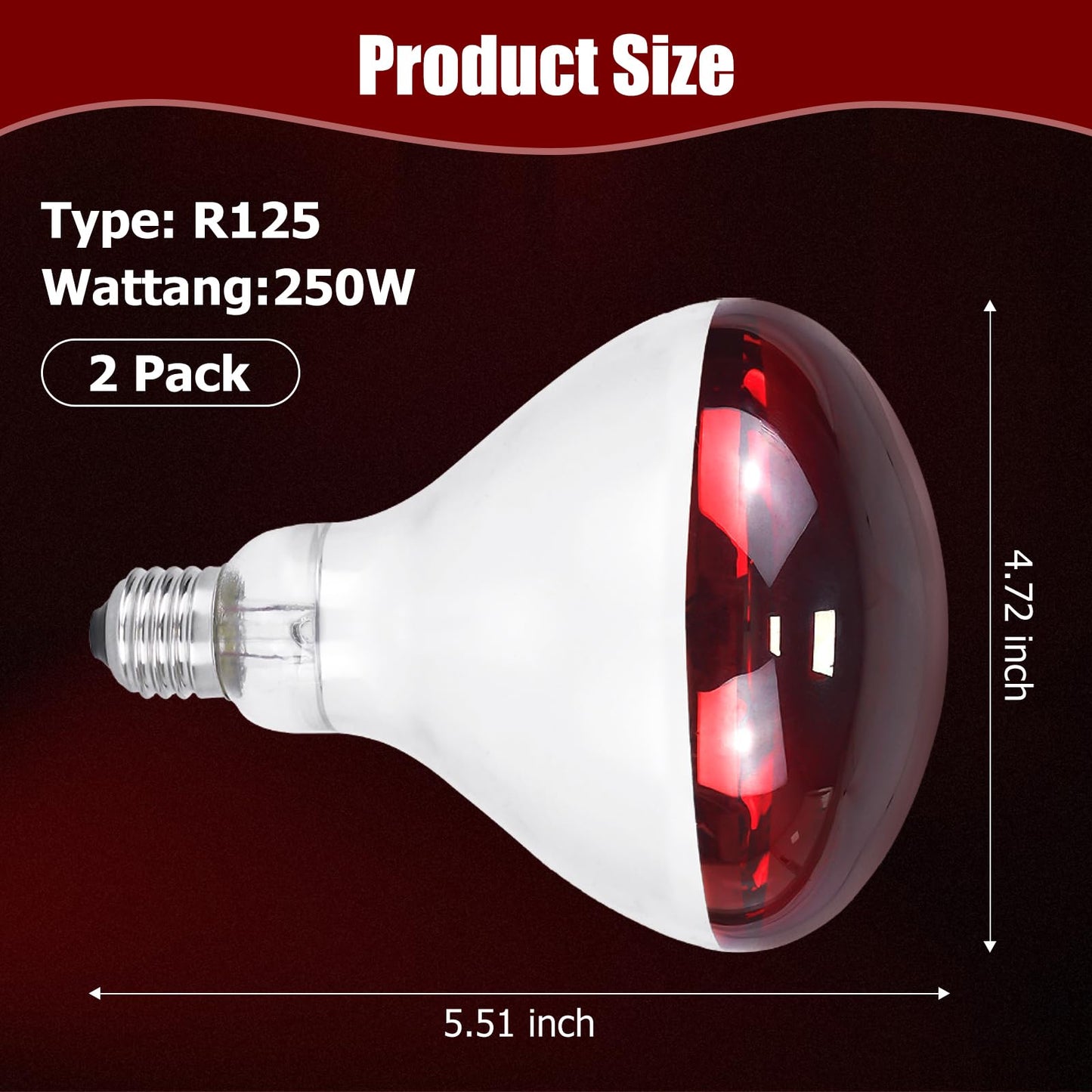 REPTI HOME 250W Infrared Heat Lamp for Chicken, Red Heat Light Bulb R125 2 Pack, Heat Lamp Bulb for Chick Croop, Reptiles, Pets, Food