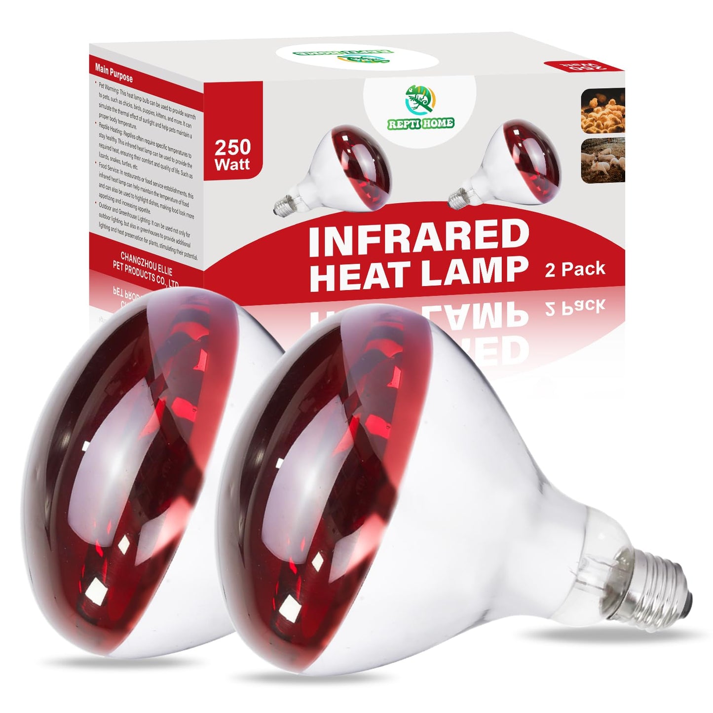 REPTI HOME 250W Infrared Heat Lamp for Chicken, Red Heat Light Bulb R125 2 Pack, Heat Lamp Bulb for Chick Croop, Reptiles, Pets, Food