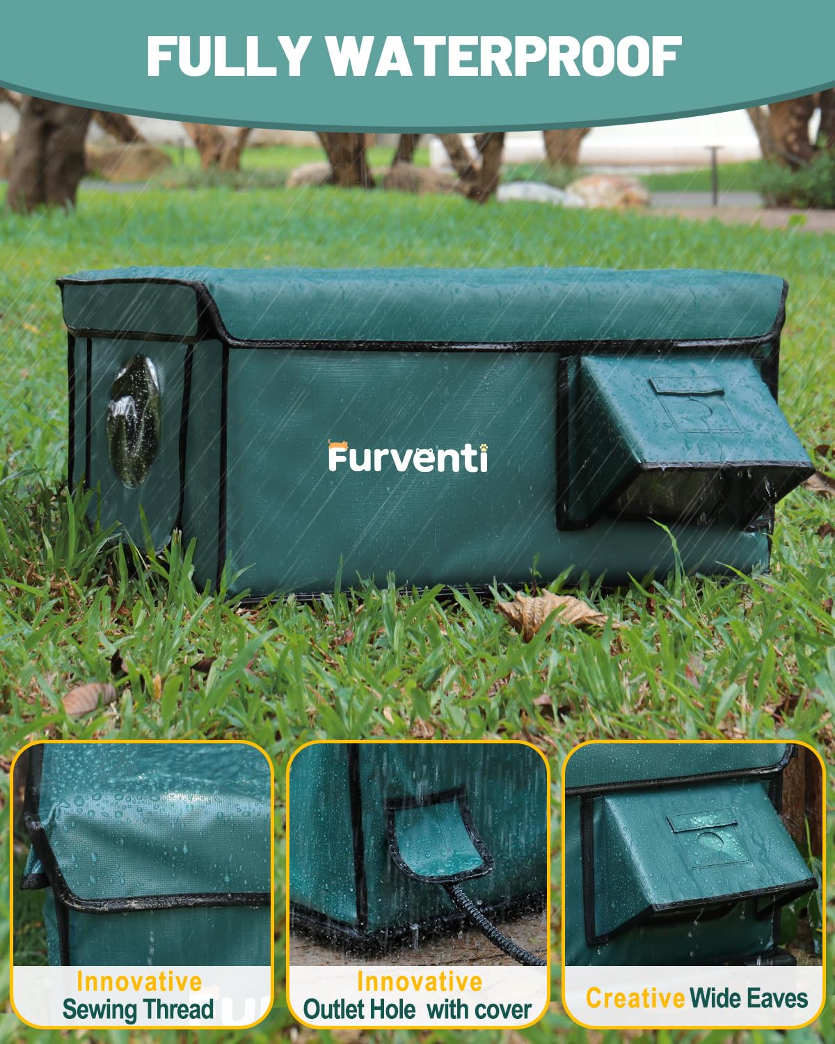 Heated Cat House for Outside with Dual Doors, Insulated Cat House Outdoor with Heating Pad, Weatherproof Heated Outdoor Cats Houses Waterproof for Feral Cats (Deep Green, 17" L x 12" W x 13" H)