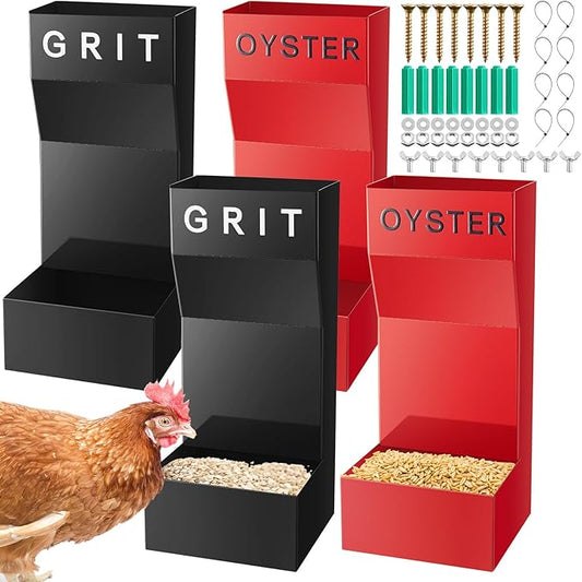 Leinuosen 4 Pack Metal Chicken Oyster Shell and Grit Feeder Combo with Large Opening Hanging Chicken Feeder Trough Automatic Gravity Poultry Coop Accessories Water Dispenser for Chicks, Ducks, Quail