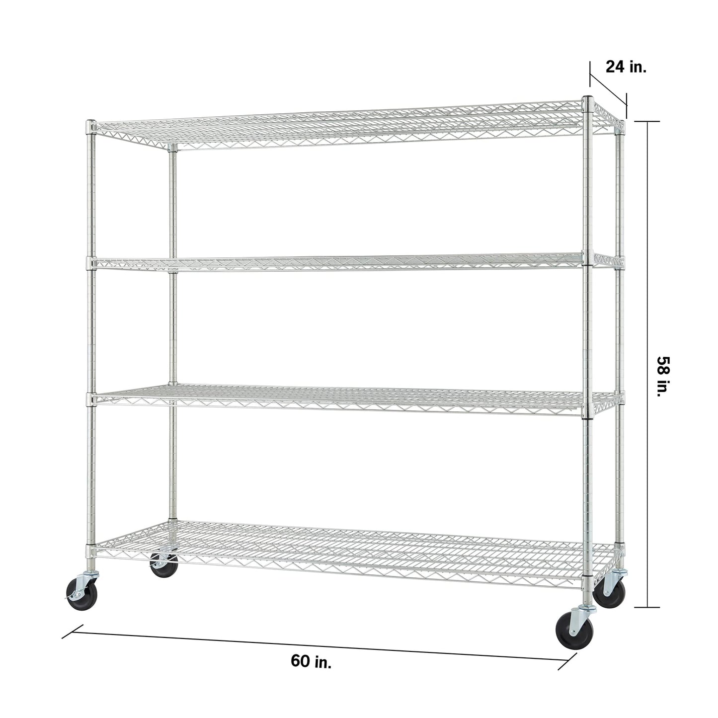 TRINITY Basics 4-Tier Adjustable Wire Shelving with Wheels for Kitchen Organization, Garage Storage, Laundry Room, NSF Certified, 600 to 1800 Pound Capacity, 60” by 24” by 54”, EcoStorage Chrome