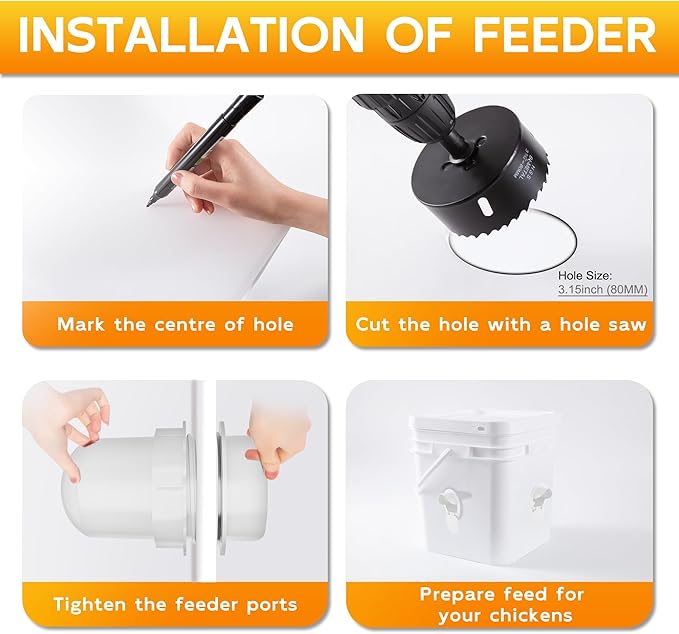 Chicken Feeder Port 12pcs Poultry No Waste Port Kit with Stopper Lid, 1 Hole Saw, DIY Automatic Reusable Coop Feeders, Rain Proof Gravity Feeding Geese Duck Hens Rooster for Bucket Barrel Bin (White)
