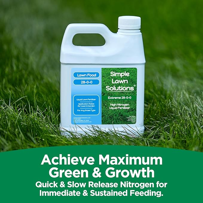 Maximum Green & Growth- High Nitrogen 28-0-0 NPK- Lawn Food Quality Liquid Fertilizer- Spring & Summer- Any Grass Type- Simple Lawn Solutions - Concentrated Quick & Slow Release Blend (1 Quart)