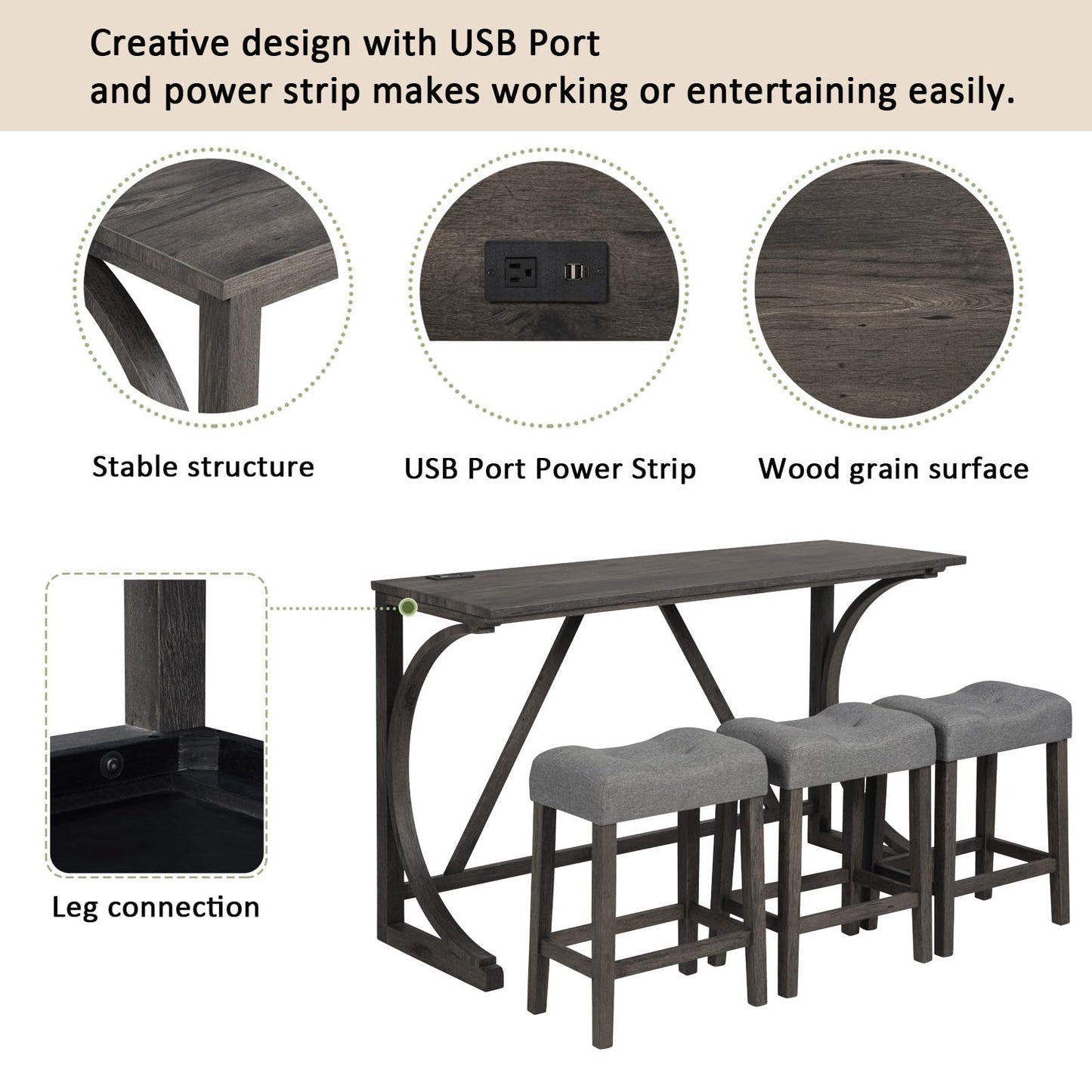 Ball & Cast 4 Piece Counter Height Bar Tables Stool Set, Farmhouse Wooden Kitchen Island-Table w/USB Ports & Power Outlet & 3pcs Padded Stools,59" Dining-Table with Chairs,Charging Station, Dark Gray
