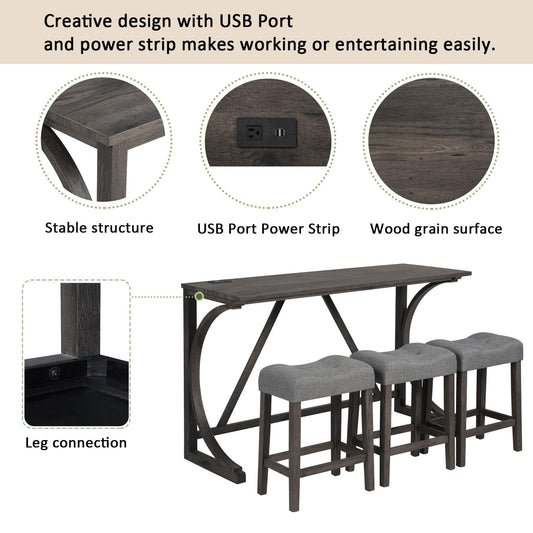 Ball & Cast 4 Piece Counter Height Bar Tables Stool Set, Farmhouse Wooden Kitchen Island-Table w/USB Ports & Power Outlet & 3pcs Padded Stools,59" Dining-Table with Chairs,Charging Station, Dark Gray