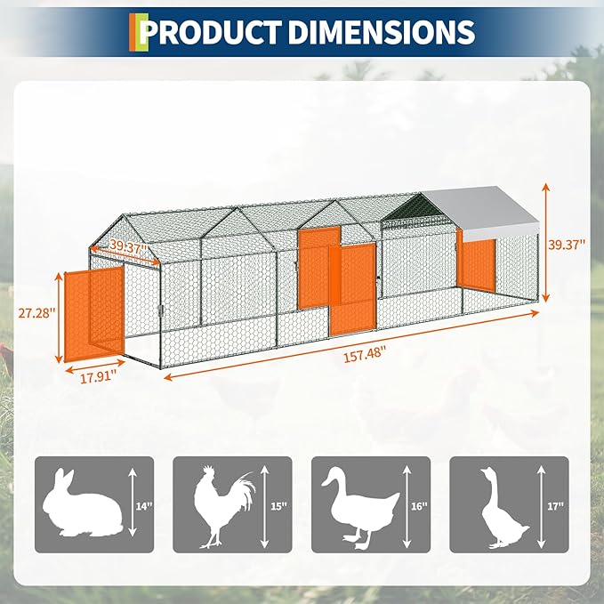 Large Metal Chicken Coop 13.3' x 3.3" x 3.3" Chicken Runs with Waterproof and Anti-UV Cover,3 Doors,Outdoor Hen House for Yard, Walk in Poultry Cage for Rabbit Duck Goose