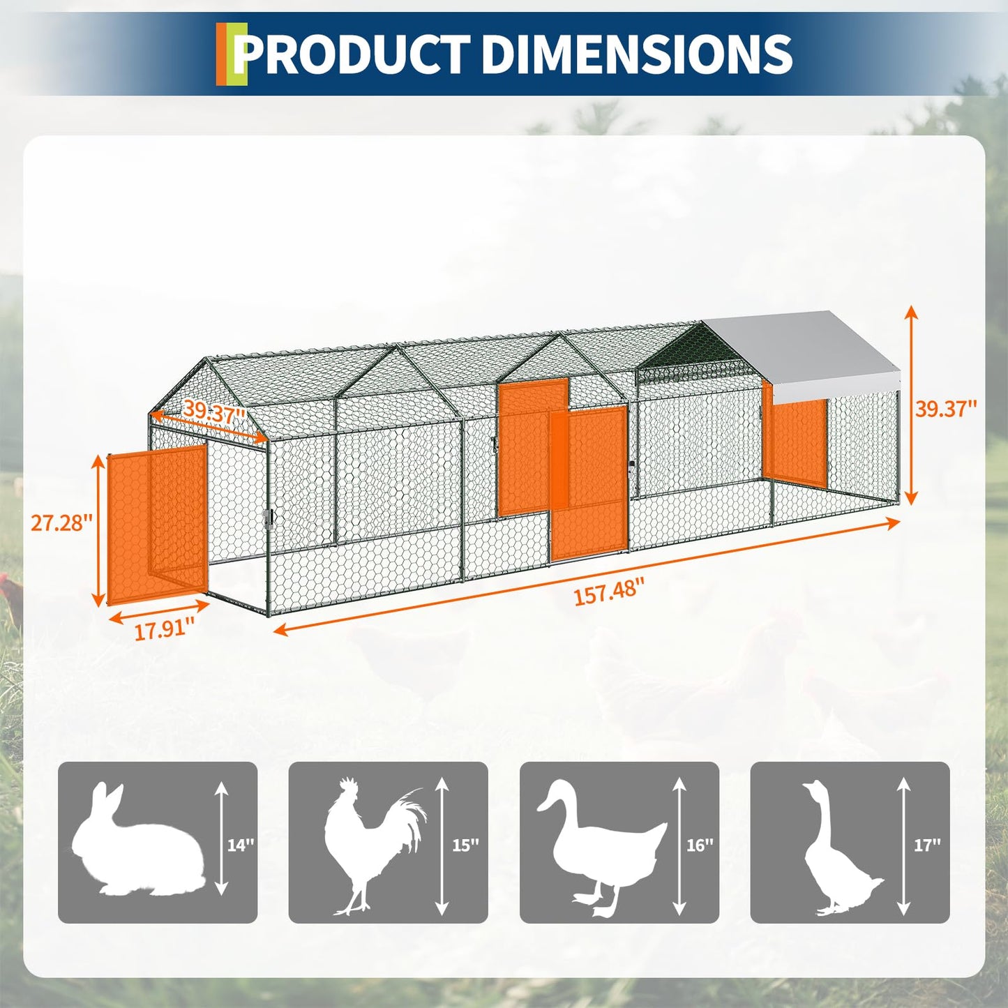 Metal Chicken Coop with Waterproof and Anti-UV Cover, 160" x40" x40" Large Chicken Run with 4 Doors, Outdoor Chicken Coop for Yard, Walk in Poultry Cage for Rabbit Duck Goose, Silver