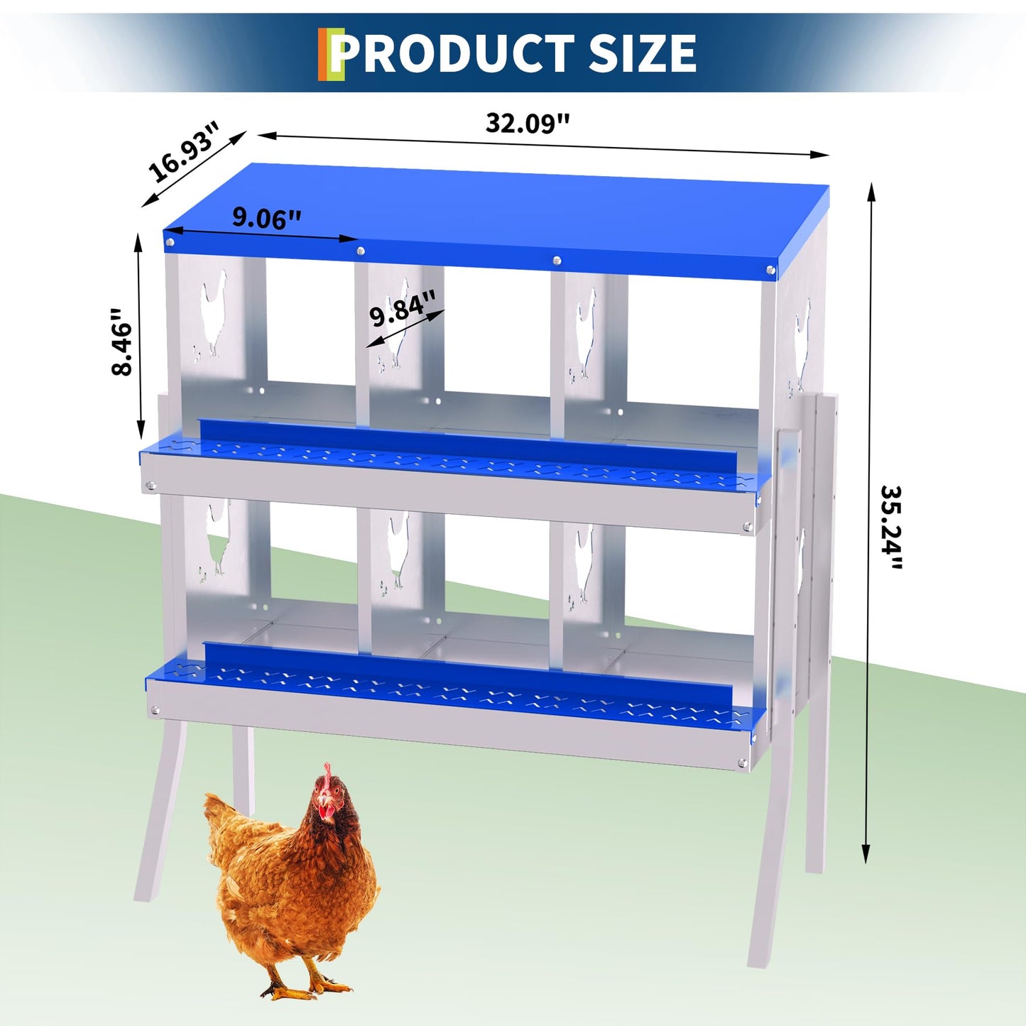 Garvee Chicken Nesting Box with Removable Tray, 6 Compartment Nesting Boxes for Chickens, Easy to Clean and Install, Chicken Laying Boxes for Chicken Coop to Protect Eggs - with Bracket Legs, Blue