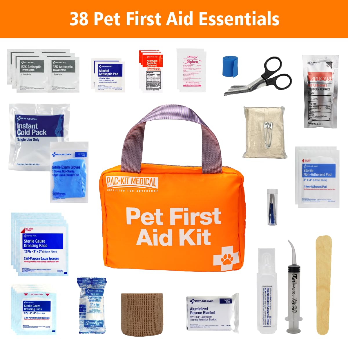 Pac-Kit Pet First Aid Kit for Dogs, Cats, and Other Animals in Soft-Sided Organized Zipper Case, 38 Pieces