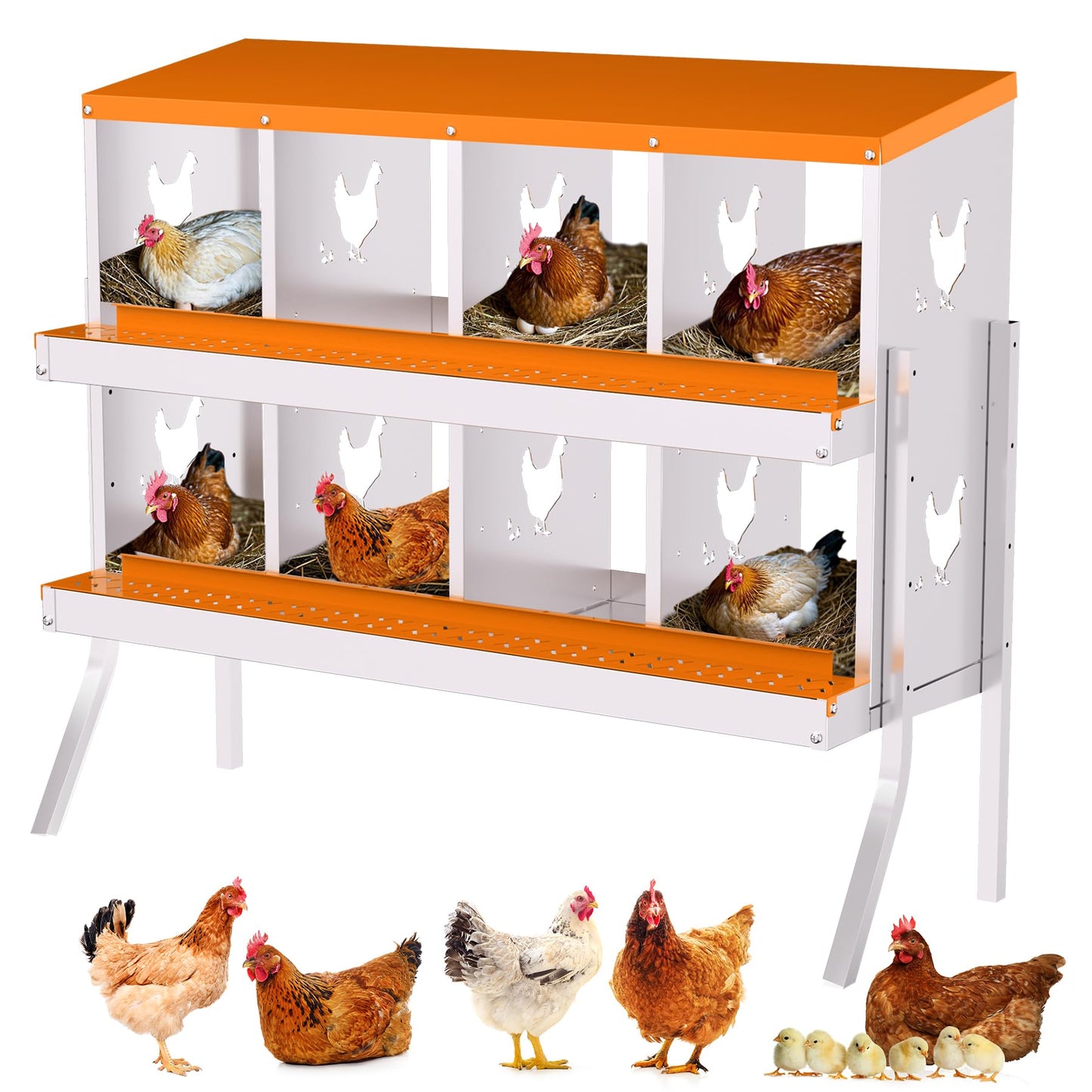 Chicken Nesting Box with Removable Tray,8 Compartment Nesting Boxes for Chickens,Easy to Clean and Install,Durable Chicken Laying Boxes for Chicken Coop,Protects Eggs-with Bracket Legs (Orange)