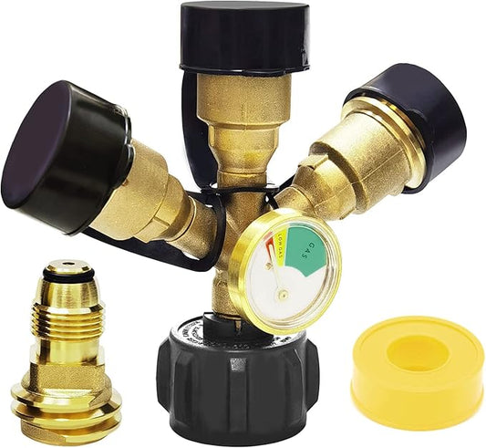 3 Way Tank Propane Splitter QCC/POL with Gauge and Shut-Off Valve, Y Splitter Adapter Propane LP Tank Fuel Tee Gauge Adapter Fitting 3 Way Propane Gas Splitter for Propane Tank，RV BBQ Grills Camping