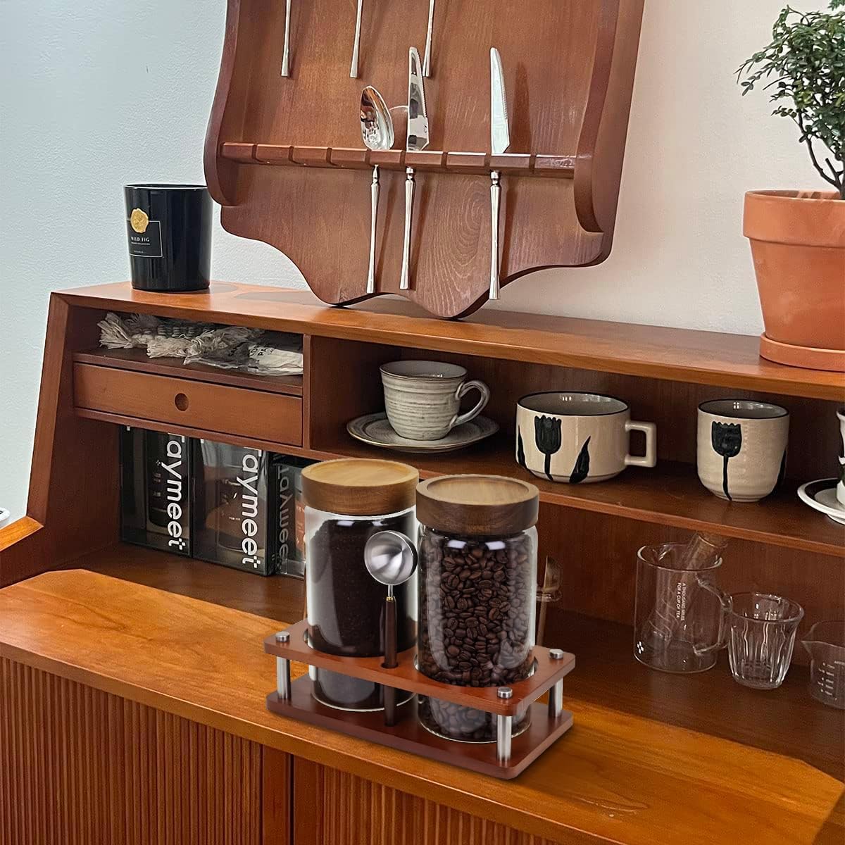 Venuekkuri Glass Coffee Grounds Container with Shelf, 2 × 45 oz Glass Coffee Canisters with Airtight Thread Lid, Glass Storage Jars with Stainless Steel Spoon for Coffee Bean, Sugar,Nut