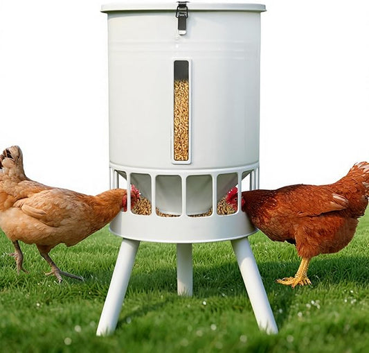 KOL Metal Chicken Feeder No Waste - 50lbs Poultry Feeder with 16 Ports, Powder Coated Rust-Proof Design & Smooth Edges for Safe Feeding (Jade White)