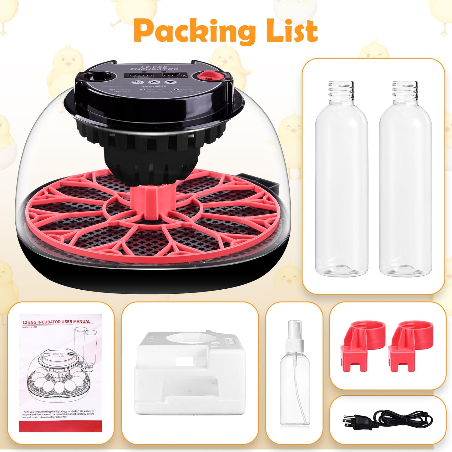 Incubator for incubating Eggs,12 Egg with Temperature and Humidity Control, Automatic Egg Turner, Egg Candler, External Water Bottle Refill, 360° Clear View, Hatching Chicken Duck Quail Bird