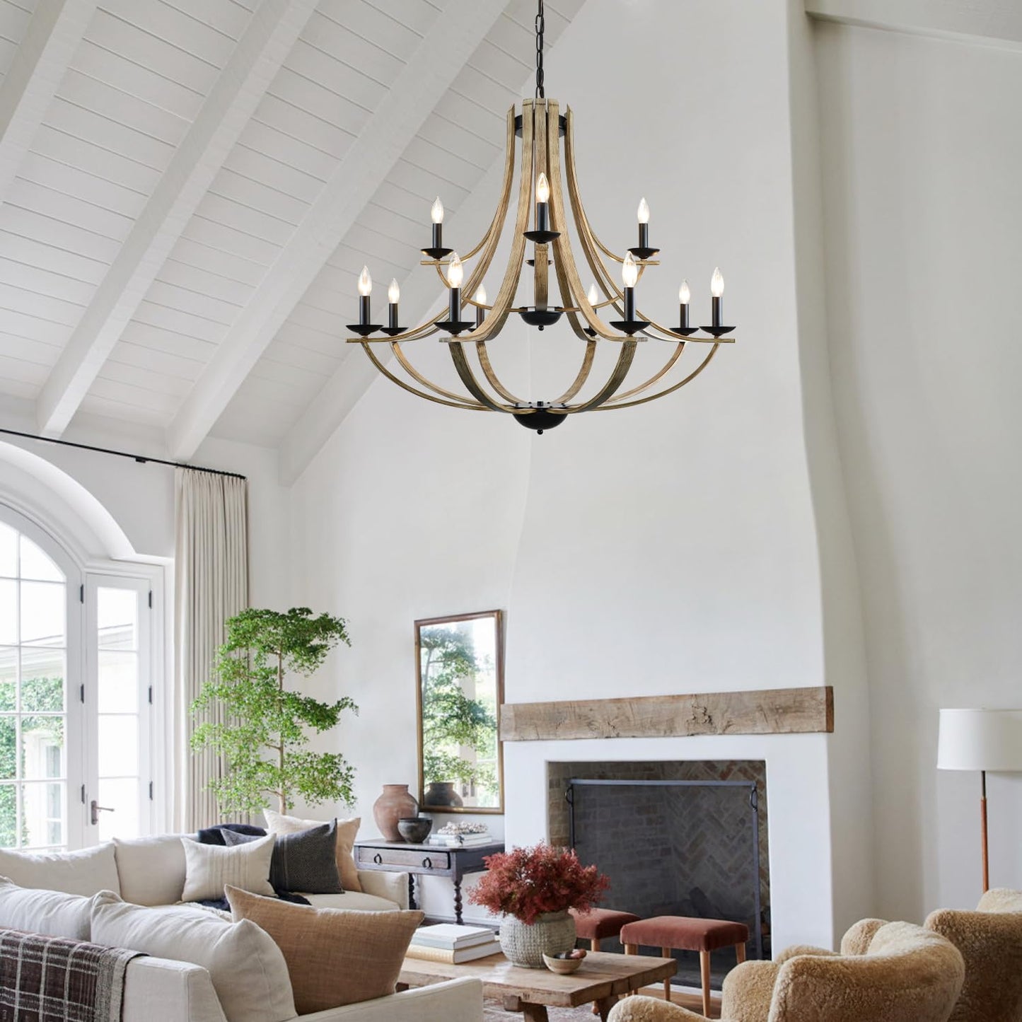 LAMPKEDUO Farmhouse Chandeliers for Dining Room Light Fixture, 2 Tier 12-Light 41" Adjustable Height Retro Faux Wood Texture Rustic Light Fixtures for Living Room Bedroom Kitchen Island Foyer Entryway