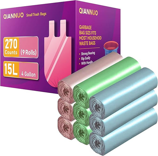 Trash Bags Small 270 Counts Handle Garbage Bag 4 Gallon Can liners for Bathroom, Bedroom, Office, Car, Home
