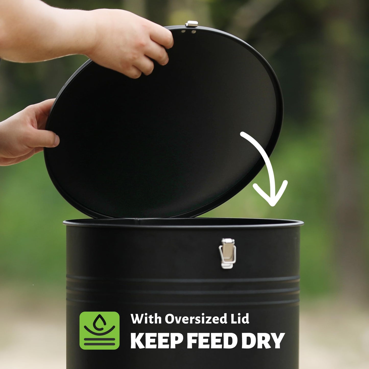 Solution4Patio 65 LB Large Free Standing Chicken Feeding Barrel, Portable Gravity Chicken Feeder Automatic, Dispenser, 16 Feeding Ports Poultry Feeder, Hen Coop (Black)