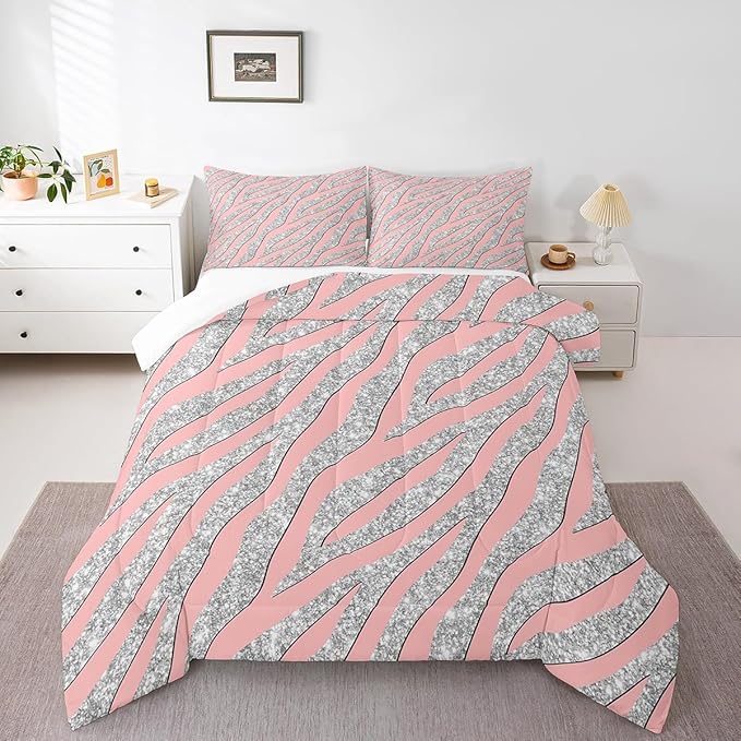 Women Leopard Bedding Set Girls Pink Silver Leopard Print Comforter Set for Kids Boys Teens Glitter Zebra Print Comforter Safari Animal Print Quilt Set Room Decor Duvet Set for All Season Queen Size