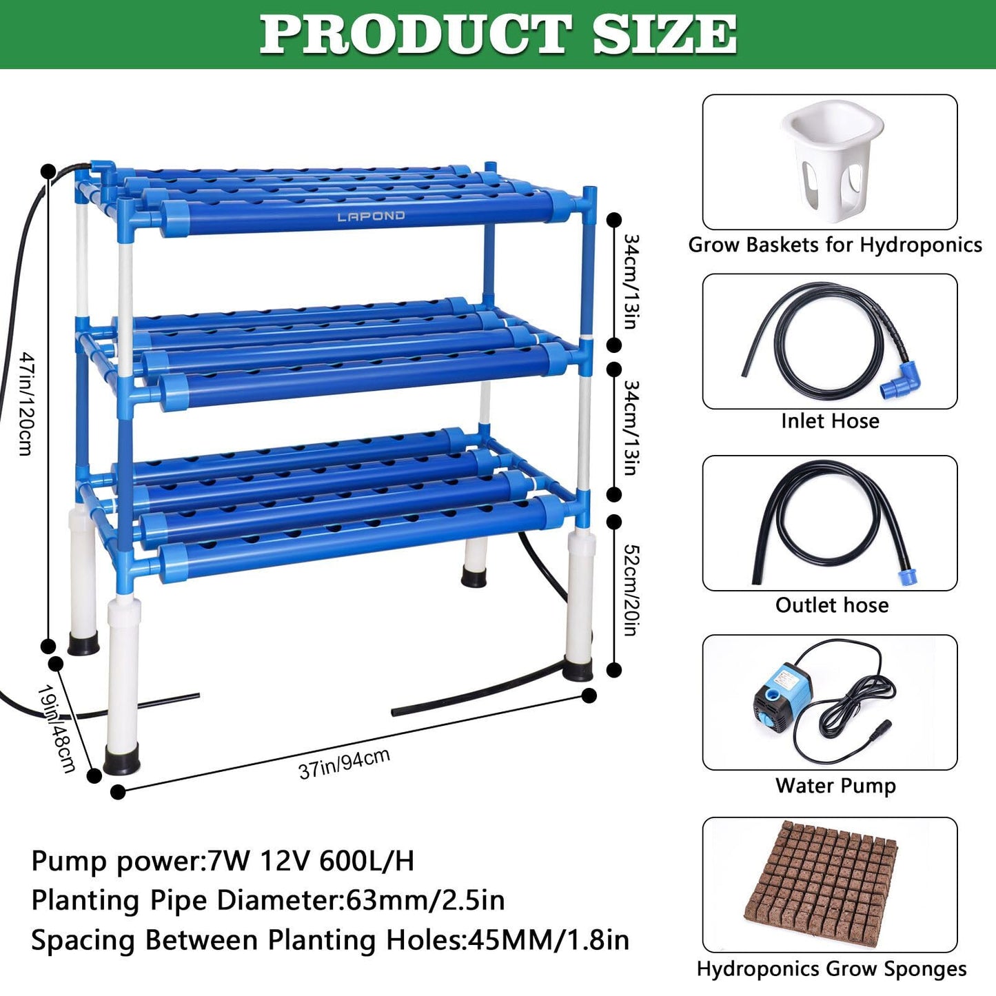 LAPOND Block Light Hydroponics Growing System Kit with LED Grow Lights,108 Plant Sites 3 Layers Food-Grade PVC-U Pipes for Leafy Vegetables,Fruits, Herbs(Deluxe Version)