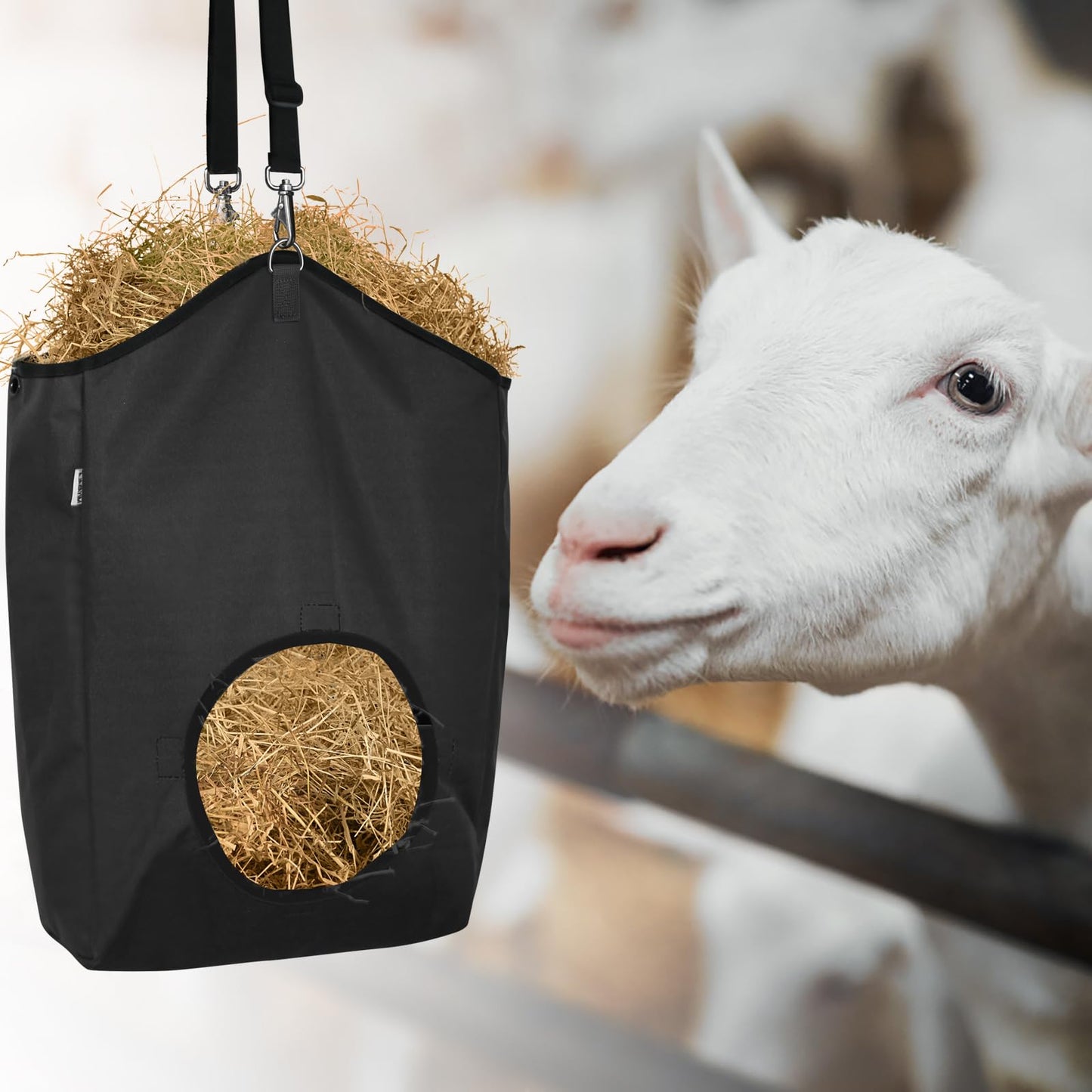 MIYABALA 3 Packs Goat Hay Feeder,Hay Bags for Goats,Horses,Sheep,Premium 600D Oxford Cloth,with Metal Fastener and Adjustable Open Feed Hole for Slow Feeding. (1 Black+2Grey)
