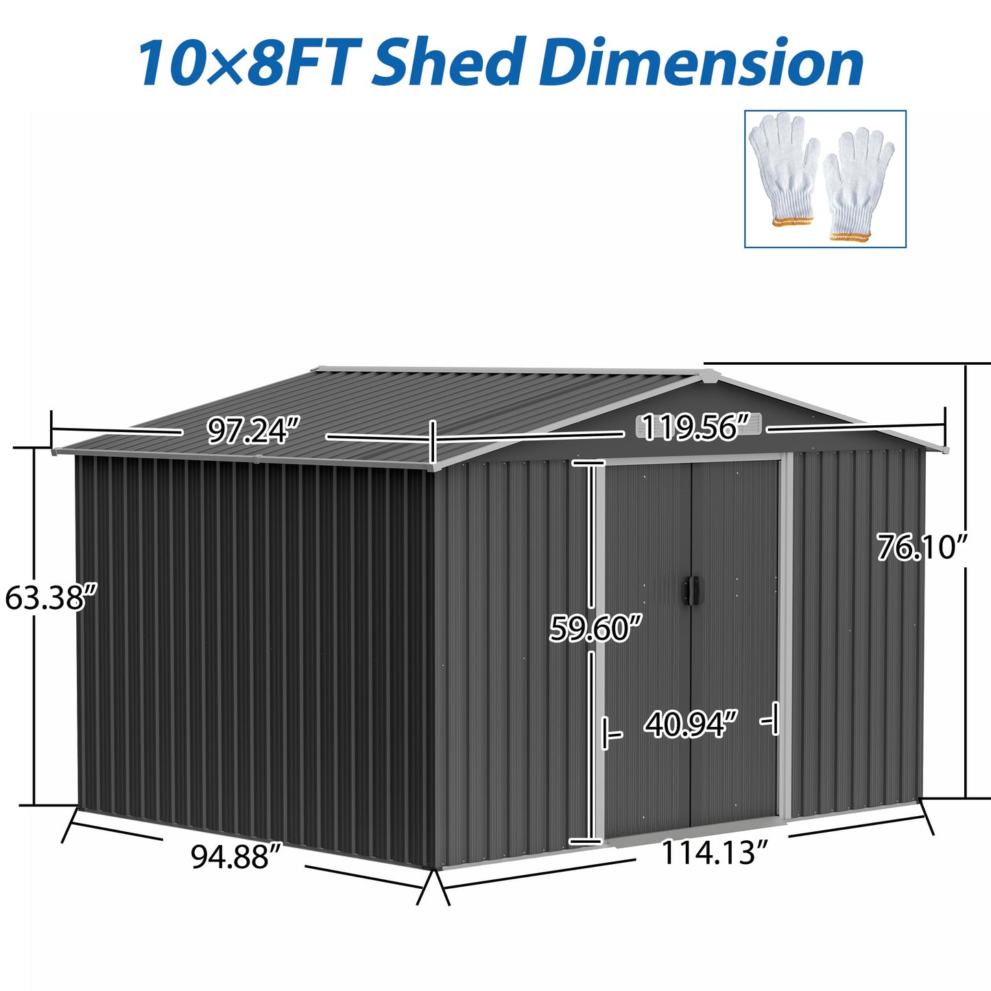 KEIKI Storage Shed 10x8 FT, Large Metal Tool Shed for Outdoor Storage, Galvanized Steel Garden Shed with Lockable Sliding Doors for Patio, Backyard, Lawn, Grey