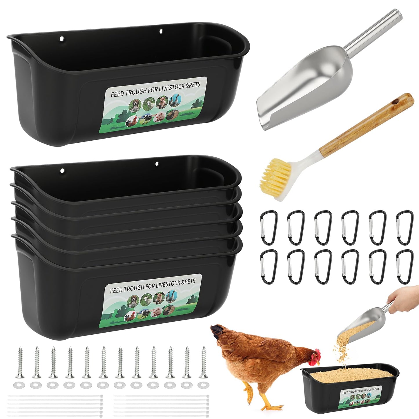 6 Pack Fence Feed Feeder 4.5 Quart Hanging Chicken Feeder Trough with Brush & Scoop Black Goat Hanging Fence Feeders Feeder with Hooks Screws & Zip Tie for Livestock Feeding Container Goats Supplies
