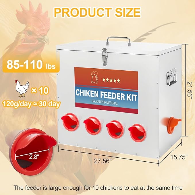 85-120LBS Metal Chicken Feeder No Waste 10 Ports Automatic Large Poultry Feeder with Latch & Handle for Chickens, Geese, Ducks, Turkeys, Quails, Weatherproof