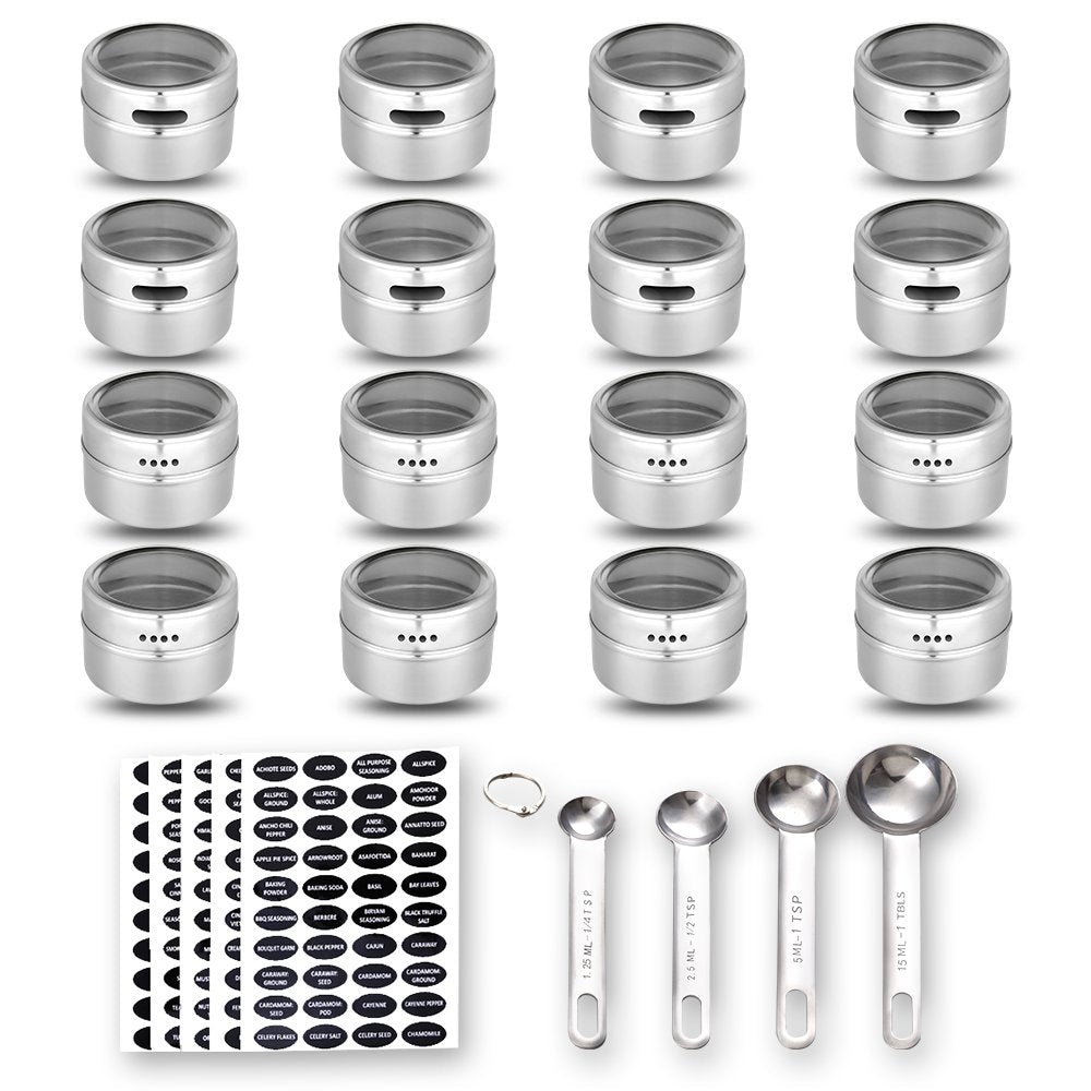 Hanindy 16 Magnetic Spice Tins, 200 Spice Labels, 4 Stainless Steel Measuring Spoons Magnetic Spice Containers Organizer Storage Condiment Jar Set of 16, Clear Lid, Sift and Pour