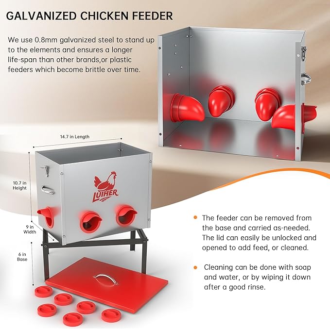 LUIHER Poultry Feeder-25LB no Waste chincken Feeder 6 Ports Large Capacity Galvanized Metal Poultry Feeder with Legs and Lids - Reduces Refilling Frequency Chicken Feeding Equipment for Hen Coop