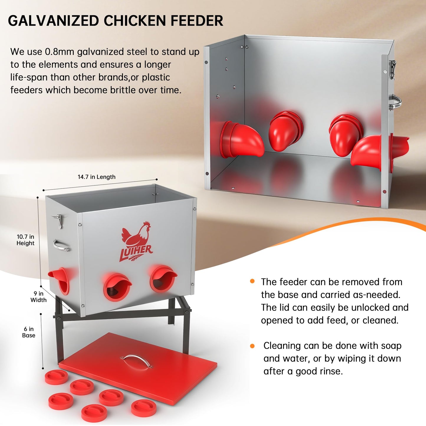LUIHER Poultry Feeder-25LB no Waste chincken Feeder 6 Ports Large Capacity Galvanized Metal Poultry Feeder with Legs and Lids - Reduces Refilling Frequency Chicken Feeding Equipment for Hen Coop