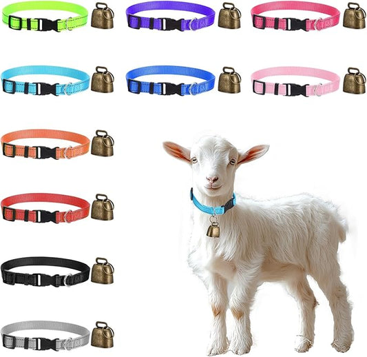 10 Pack Reflective Goat Collars with Bells, Cow Horse Sheep Grazing Copper Bells and Adjustable Nylon Collar Set Pet Anti-Lost Loud Bronze Bell for Small Farm Animal Goat Sheep Cow Accessories