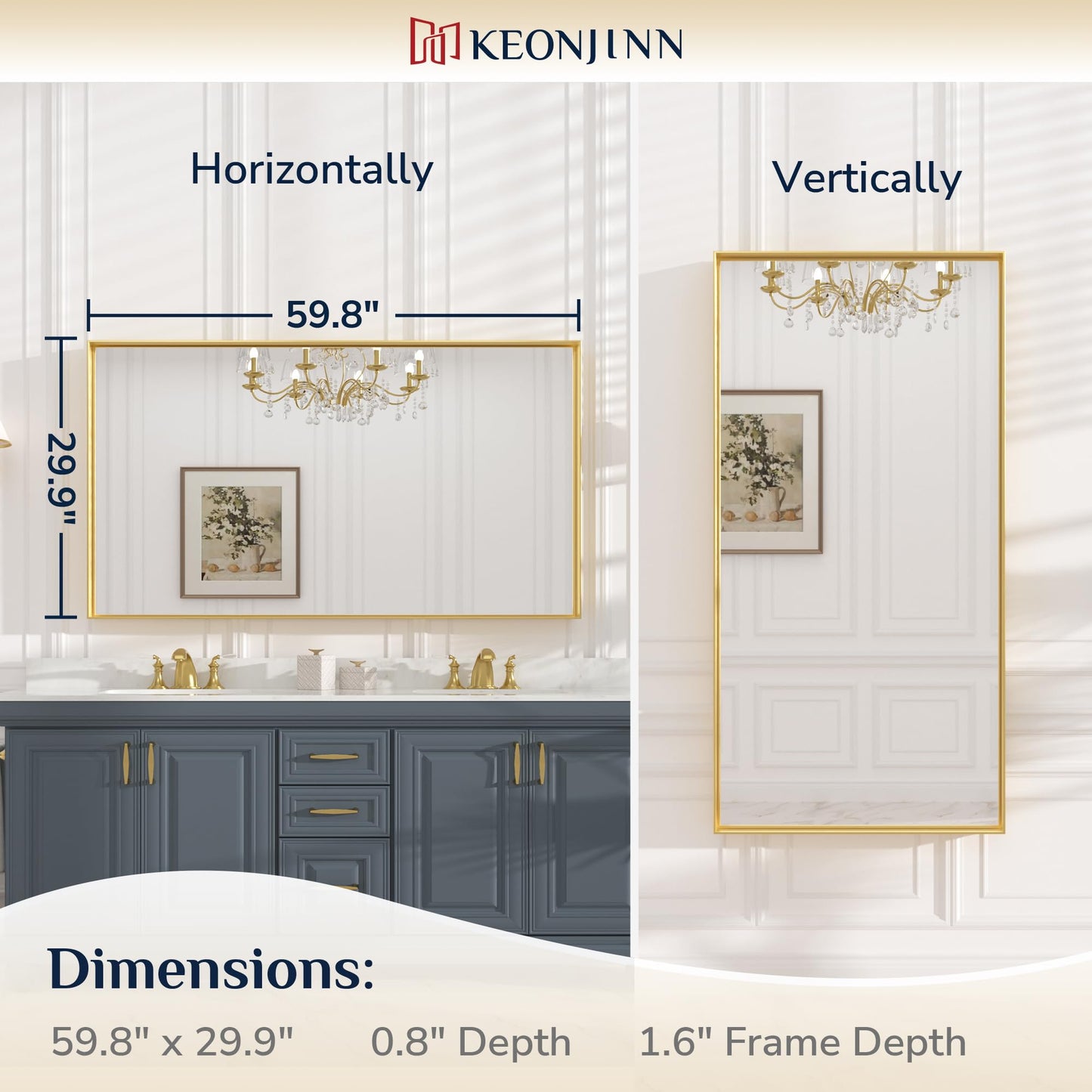 Keonjinn Brushed Gold Bathroom Mirror 60” x 30” Metal Framed Rectangular Wall Mirror Large Farmhouse Bathroom Mirrors Rectangle Gold Wall-Mounted Vanity Mirrors(Horizontal/Vertical)
