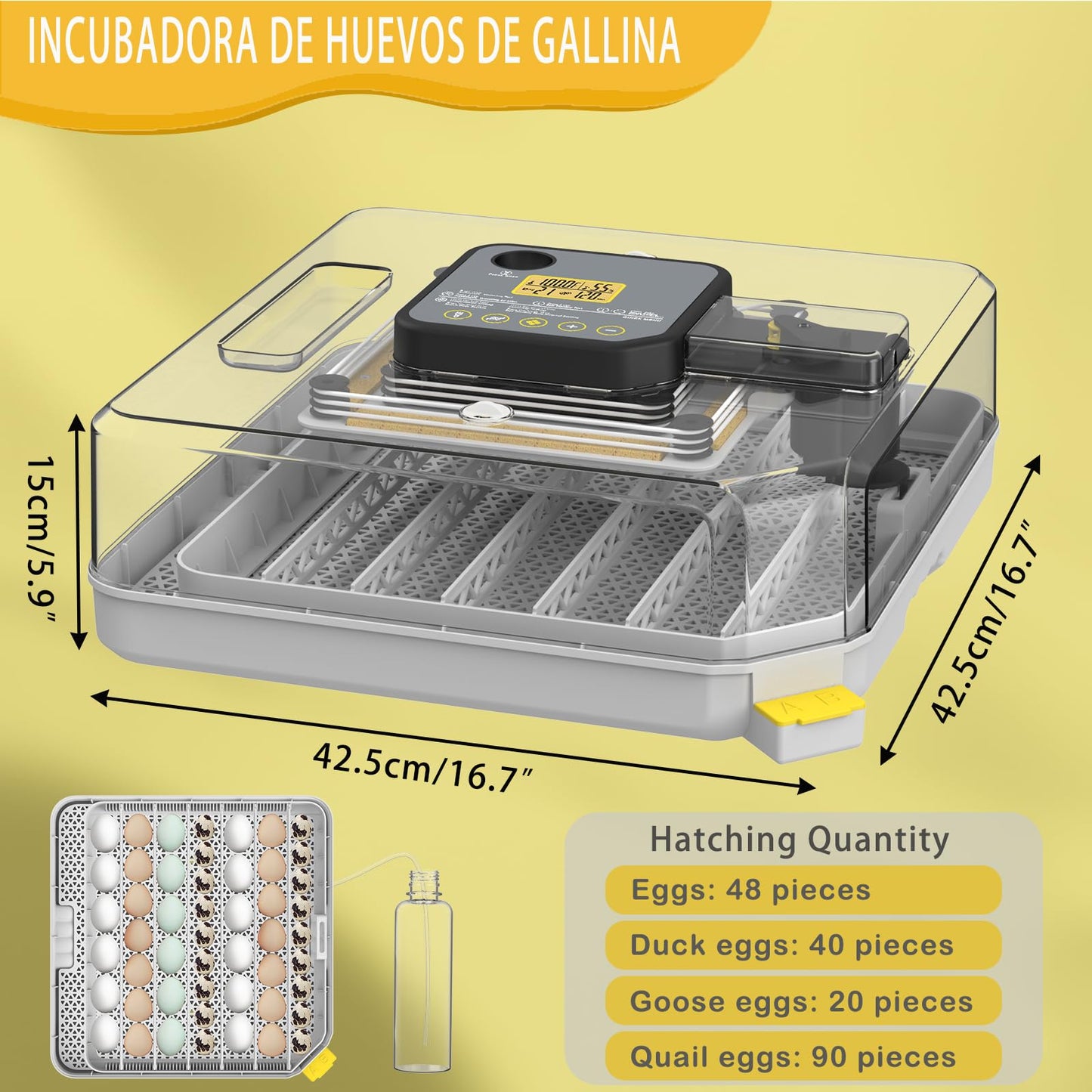 Incubators for Hatching Eggs 48 Egg Incubator with Automatic Turning and Humidity Control for Chicken Duck, Egg Candler for Chicken Eggs Goose Incubator Duck Quail Chick for Hatching Poultry (Grey)