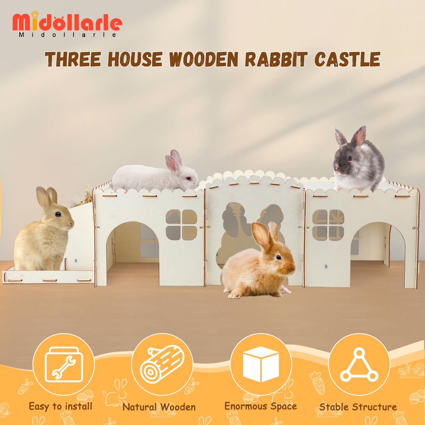 Midollarle Extra Large Wooden Rabbit Castle with 3 Houses, Wood Bunny House and Hideout with Grass Feeder,Indoor Rabbit Hideaway Hutch for Hamster Guinea Pig Chinchilla Ferret Small Animal Hut to Hide
