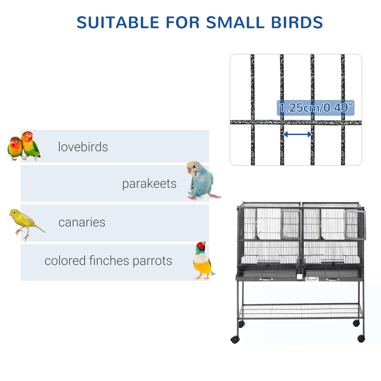 PawHut Divided Breeder Bird Cage with Rolling Stand Removable Metal Tray, Storage Shelf, Wood Perch, and Food Container