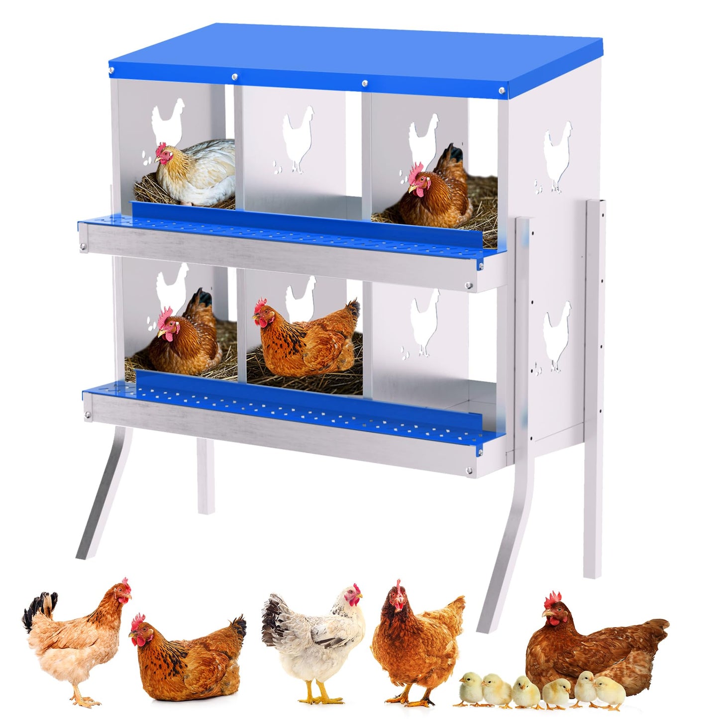 Garvee Chicken Nesting Box with Removable Tray, 6 Compartment Nesting Boxes for Chickens, Easy to Clean and Install, Chicken Laying Boxes for Chicken Coop to Protect Eggs - with Bracket Legs, Blue