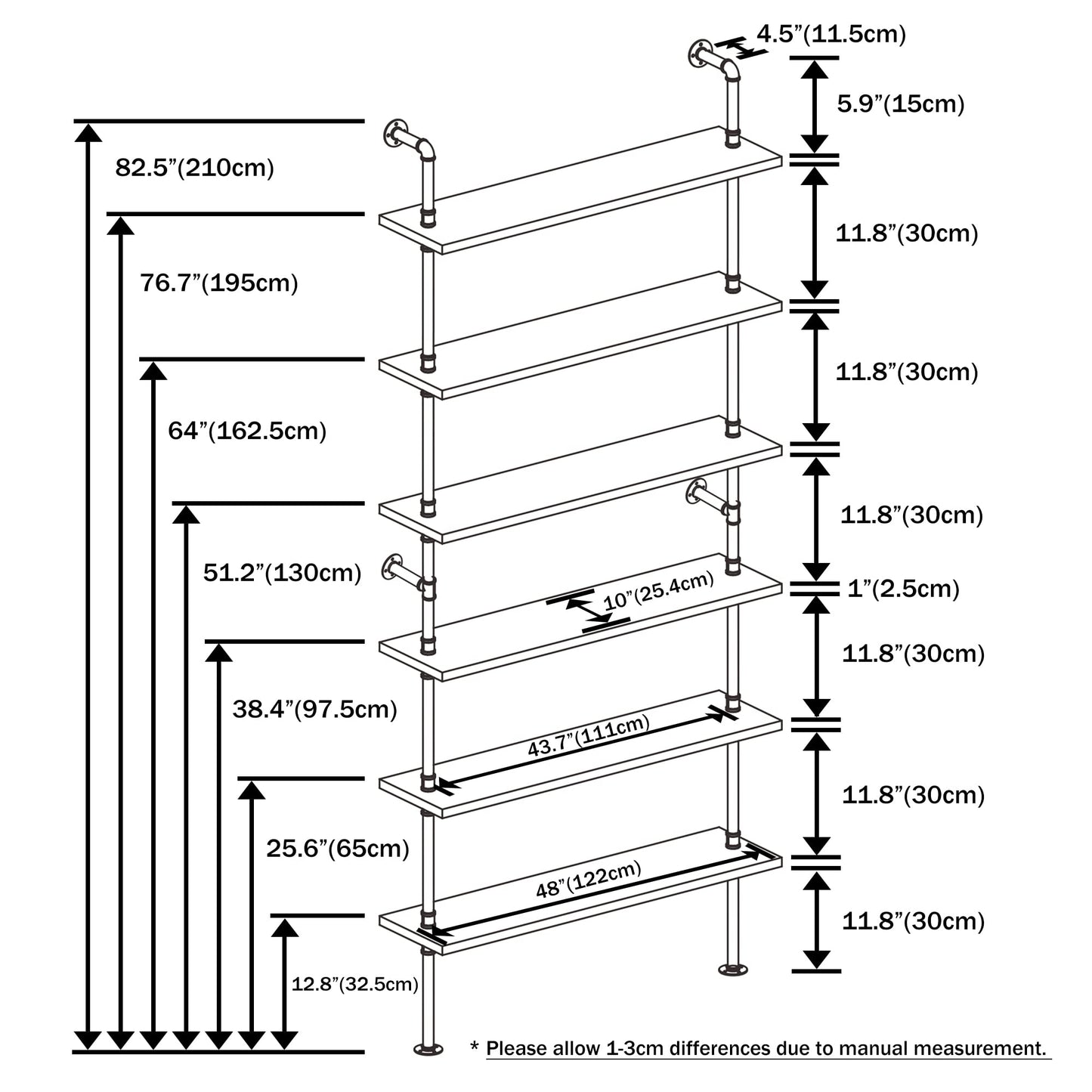 Anynice Industrial Ladder Pipe Shelf, Wall Mounted Wood Metal Bookshelf for Living Room Storage (Weathered Brown, 6 Tier - 10" D x 48" W x 82.5" H)