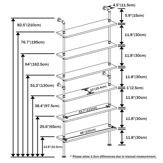 Anynice Industrial Ladder Pipe Shelf, Wall Mounted Wood Metal Bookshelf for Living Room Storage (Weathered Brown, 6 Tier - 10" D x 48" W x 82.5" H)
