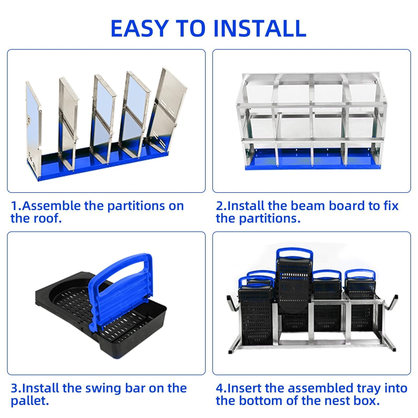 Chicken Nesting Boxes, 8 Hole Metal Chicken Laying Box with with Removable Trays and Roll Out Egg Collection for Chicken Coop, with Metal Bracket, Blue