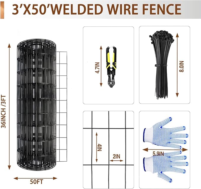 Tongmo 3 ft x 50 ft Black PVC Coated Welded Wire Fence, 16GA Garden Chicken Wire Fence Roll, Mesh Size 2" x 4" Hardware Cloth, Ideal for Yard Protection and Poultry Netting