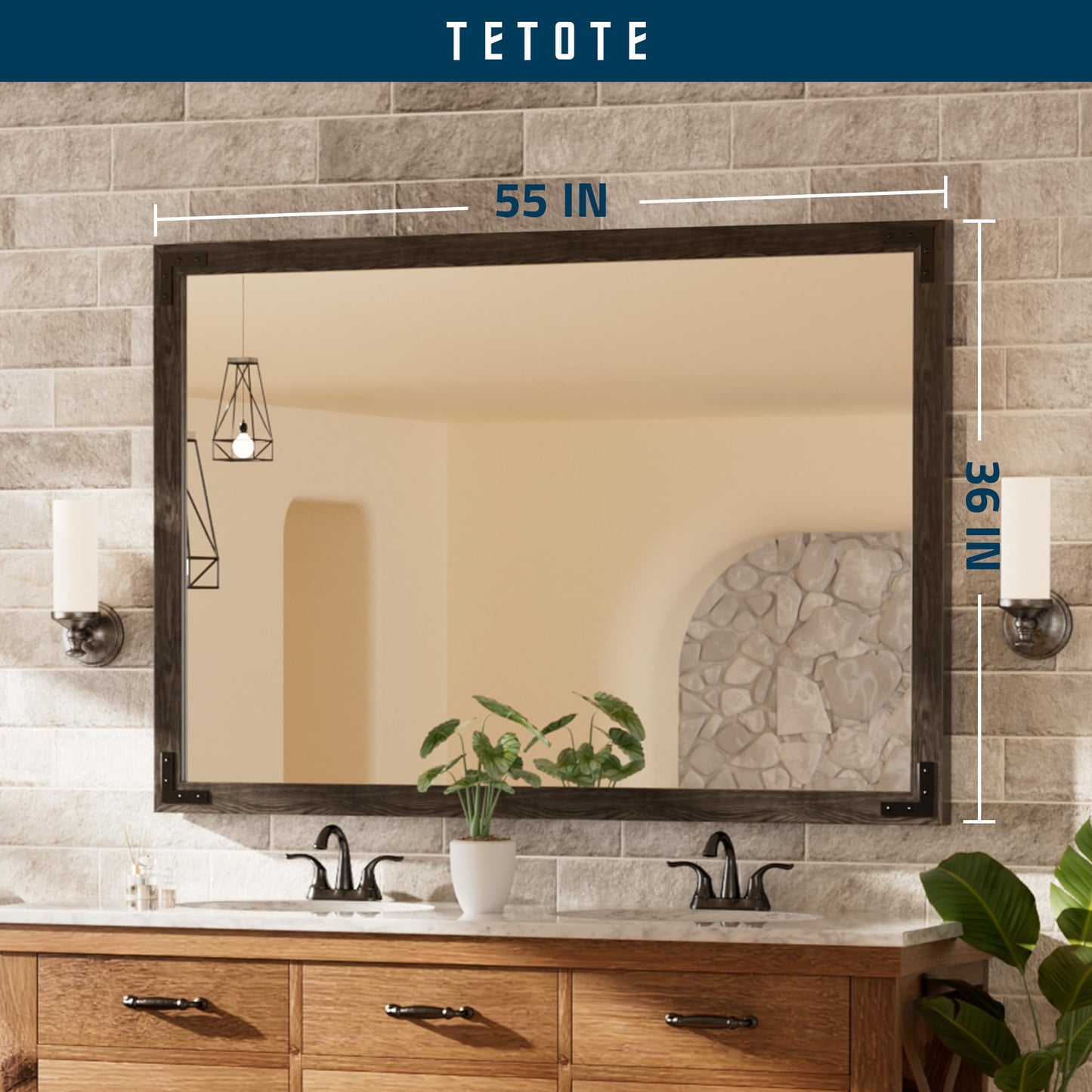 TETOTE 55 x 36 Black Wood Mirror for Bathroom Wall/Bedroom/Living Room/Entryway Farmhouse Rustic Bathroom Vanity Mirror for Over Sink Waterproof (Horizontal/Vertical Mounted)