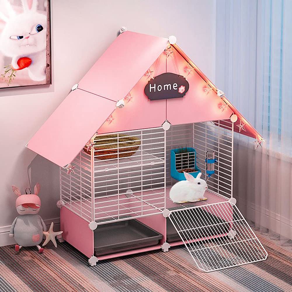DuvinDD 2-Story Small Rabbit Cage Indoor Bunny Hutch with 2 Deep Pull-Out Trays and Urine Guard, Guinea Pig Cage Metal Wire Netting Villa, Small Animals House for Ferret, Chinchilla, Hedgehog